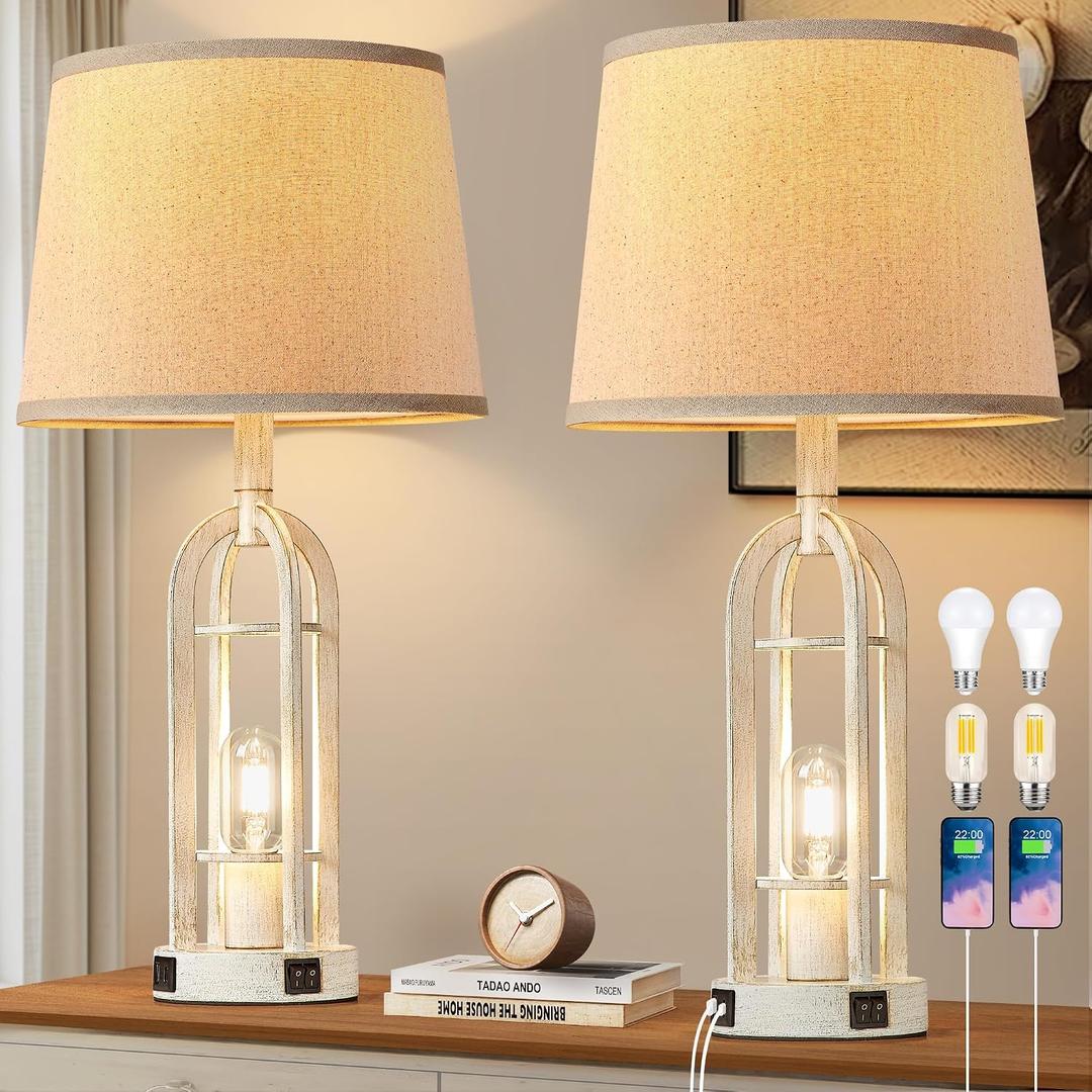 SRJJA Farmhouse Table Lamps for Living Room Set of 2 - Rustic Industrial Bedside Lamps for Bedroom Nightstand with Nightlight and USB A+C, 4 Bulbs Included