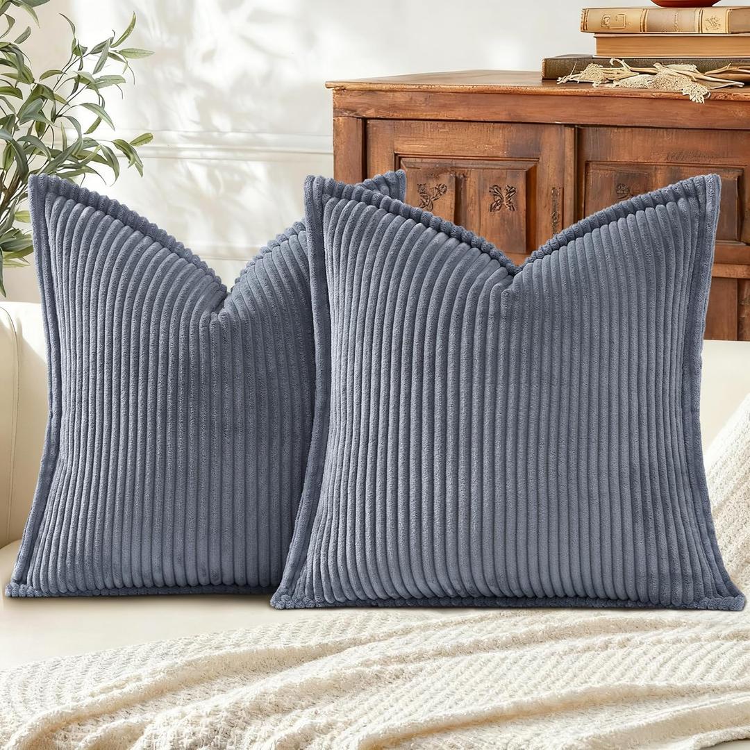 Mecatny Corduroy Throw Pillow Covers 20x20 Set of 2, Neutral Decorative Soft Boho Couch Pillow Covers with Broadside for Sofa Living Room, Blue Grey