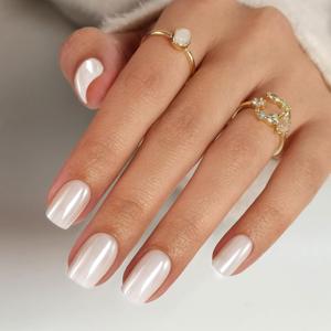 White Chrome Press on Nails Short - Soft Gel Halloween Press on Nails Square for Women Gift, Fit Perfectly & Glossy Glue on Nails in 16 Sizes - 32 Reusable Fake Nails with Glue, Pearl White