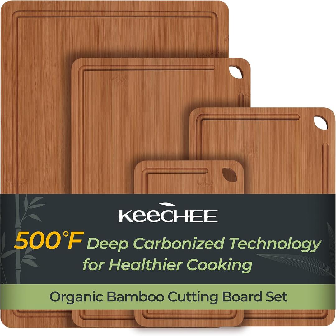 Keechee Wood Cutting Board, Carbonized Bamboo Cutting Boards Set With Smooth Surface & Easy Storage For Busy Kitchens, Ideal Charcuterie & Chopping, Durable, Knife-Friendly (4Pcs), Set of 4