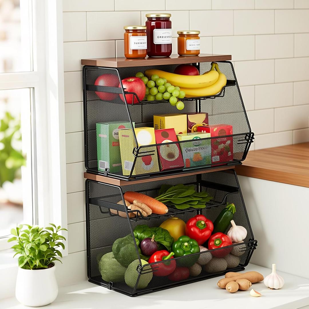 Teenyyou 2 Pcs Stackable Fruit Basket with Lid for Kitchen Counter Storage Basket with Drawer Mesh Wall Hanging Wire Baskets with Lid Metal Vegetable Container for Kitchen 13.8 x 8.3 x 9.8''(Black)