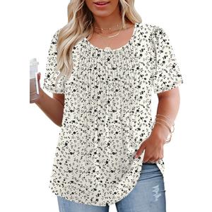 VISLILY Womens-Plus-Size-Summer-Tops Trendy Puff Short Sleeve T Shirts Cute Flowy Pleated Blouses Casual Crewneck Tunics Tee (XXL)