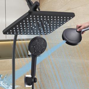 12 Inch Rain Shower Head High Pressure Dual Shower Heads Rainfall Showerhead with 9 Sprays Handheld Spray Combo & 70"Long Fixed Showerheads Hose, Matte Black Bathroom Accessories