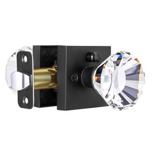 Glass Crystal Door Knobs Interior with Lock, Matte Black Modern Diamond Privacy Square Clear Glass Crystal Door Knobs for Bedroom and Bathroom