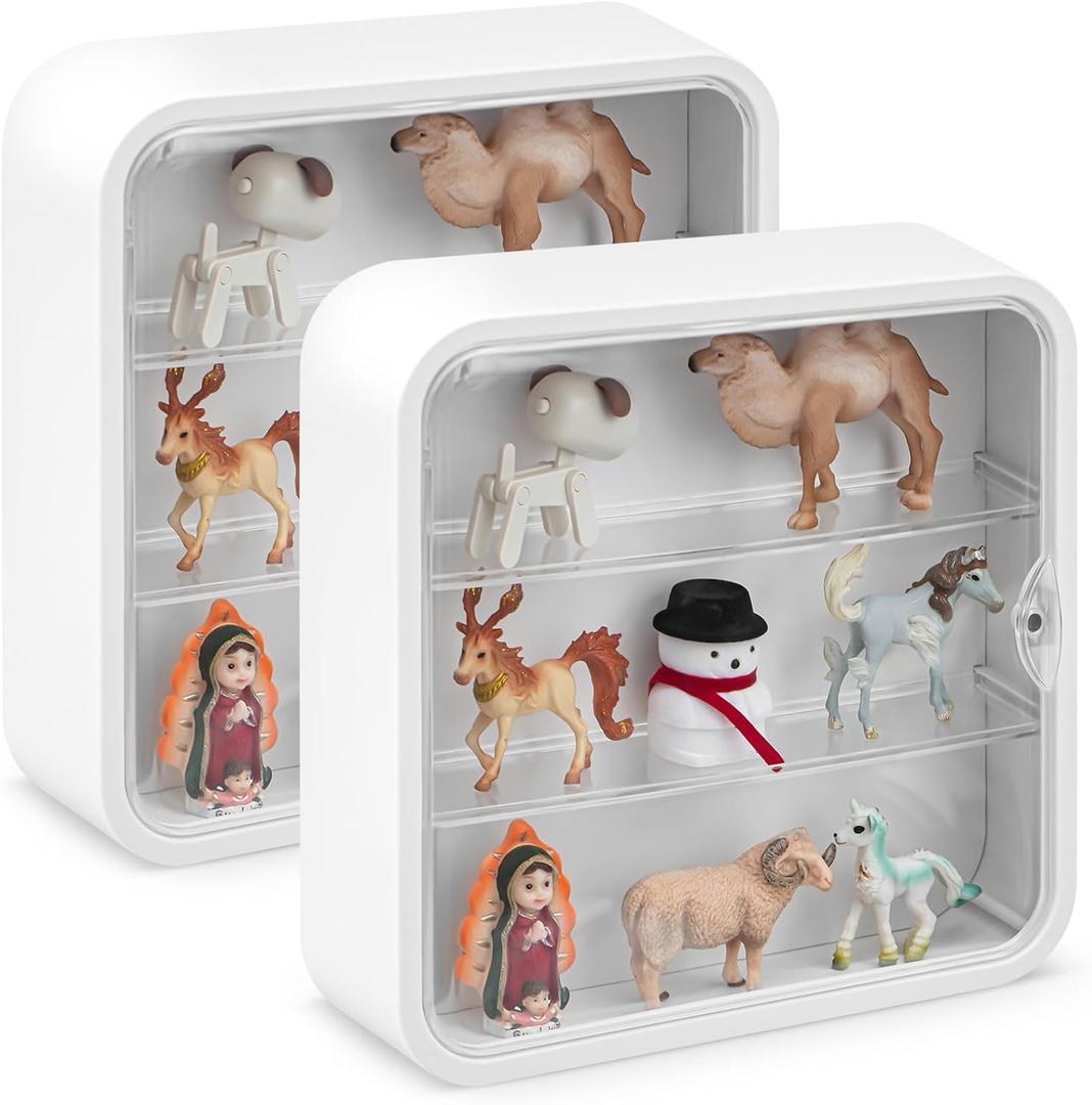 2 Pcs Display Case for Figures 3 Tiers Doll Storage Box Wall Mounted Clear Box Dust Proof Display Cabinet Organizer with Magnetic Door for Mini Toys Action Figures Collectibles, White