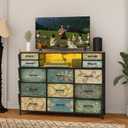 Tohomeor Retro Dresser with Charging Station & LED Light with Boho Fabric Drawers for Bedroom Chest of Drawers TV Stand with Power Outlet Open Shelf Storage (13 Drawers)