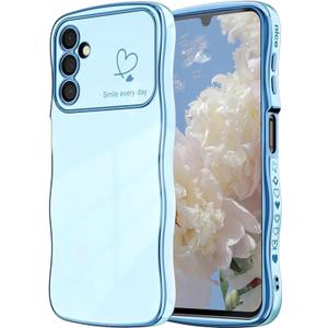 NITITOP Compatible with Samsung Galaxy A25 5G Case Cute Luxury Women Girls Men with Love Heart Electroplated Pattern Curly Wave Frame Raised Camera Shockproof Protection Cover-Baby Blue