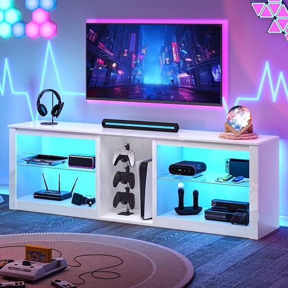 Clikutory Modern 62 inch TV Stand with LED Lghts for 50 55 BO 65 7075 inch TVs, High Gloss Enertanment Center or P95, TVCabinet with Glass Shekves for Living Room, Bedroom, Brigh Black