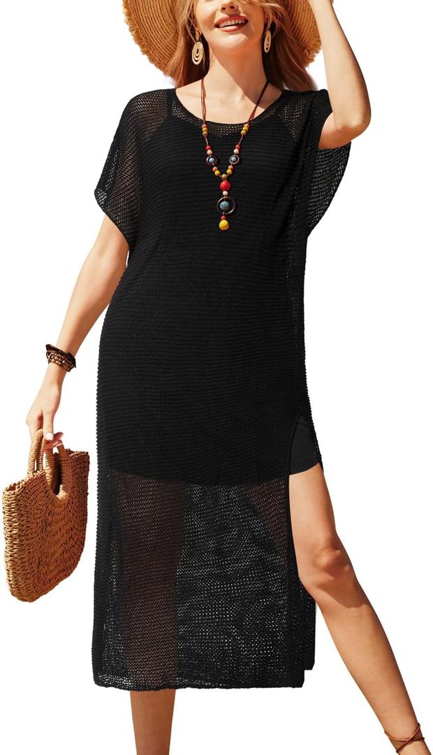 VOTEPRETTY Womens Two Piece Cover Ups Sets Crochet Beach Vacation Summer Swimwear Short Sleeve Outfits Split Knit Long Dress (Black)