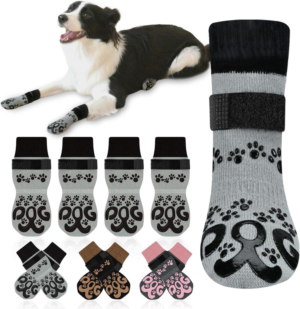 Anti Slip Dog Socks to Prevent Licking Paws - Double Side Dogs Paw Grip Sock for Hardwood Floors, No Twist Dog Booties Grippy Socks for Small Medium Large Senior Dogs, Light Grey and Black, XL (XL(Pack of 4))