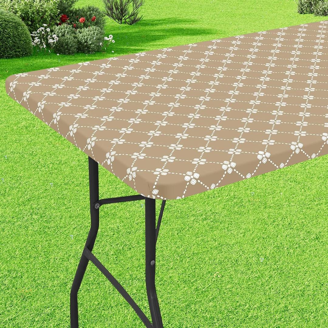 Misaya Rectangle Vinyl Table Cloth, Elastic Fitted Tablecloth with Flannel Backing, Waterproof Plastic Table Cover Fits 8 Foot Folding Tables for Picnic, Camping, Indoor and Outdoor (Khaki, 30" x 96")