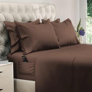 DREAMCARE King Size Sheets Set - 6 pcs Breathable Cooling Bed Sheets - up to 21" Extra Deep Pocket King Sheet Set with Side Pockets -Extra Soft 100% Brushed Hypoallergenic Hotel Luxury Bedding M-Brown