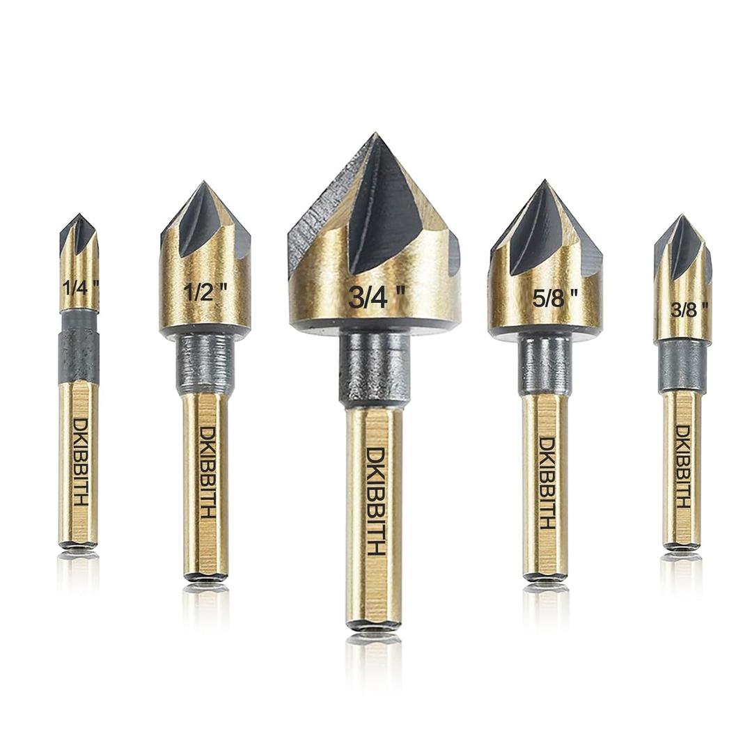 Countersink Drill Bit Set, 5 Pieces High Speed Steel 82 Degree 5 Flute 6mm Round Shank Mill Cutter Bit Countersink in Sizes 1/4 3/8 1/2 5/8 3/4 Set with Carrying Case