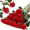Hawesome 12PCS Artificial Silk Flowers Realistic Roses Bouquet Long Stem for Home Wedding Decoration Party A-Red -1 (6 Flowers 6 Buds)