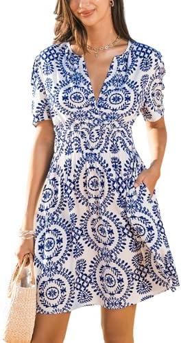 CUPSHE Womens Summer Dresses 2025 V Neck Short Sleeve Flowy A-line Beach Vacation Dress with Pockets L 