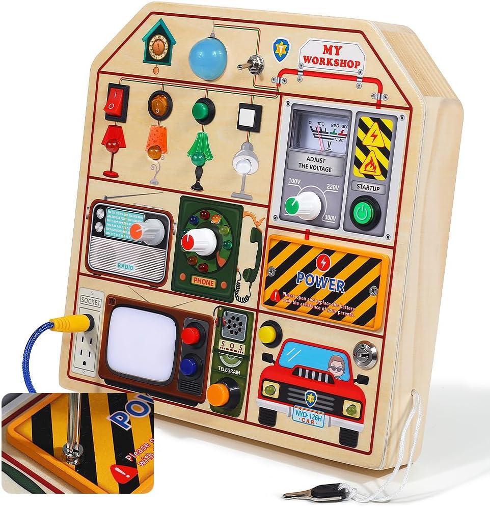 JAUNTY Montessori Wooden Busy Board for Toddlers 3 4 5 Years Old, Wooden Sensory Toddler Toys with LED Light Switches, TV Radio Telegram and Car Driving, Travel Toys Birthday for Boys Girls (Special Agent)