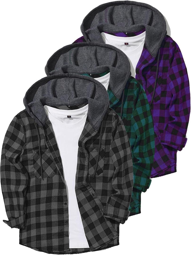 Flannel Hoodie for Men Shirts Button Down Plaid Lightweight Jackets for Men Long Sleeve Stylish Casual with Pocket (Large, Grey/Green/Purple)