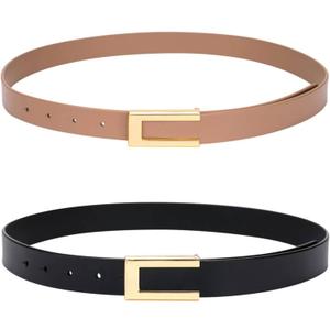 Womens Leather Belt Skinny Waist Belt for Dresses Jeans Pants with Gold Buckle (M: Fit Waist 29"-35", Black+khaki)