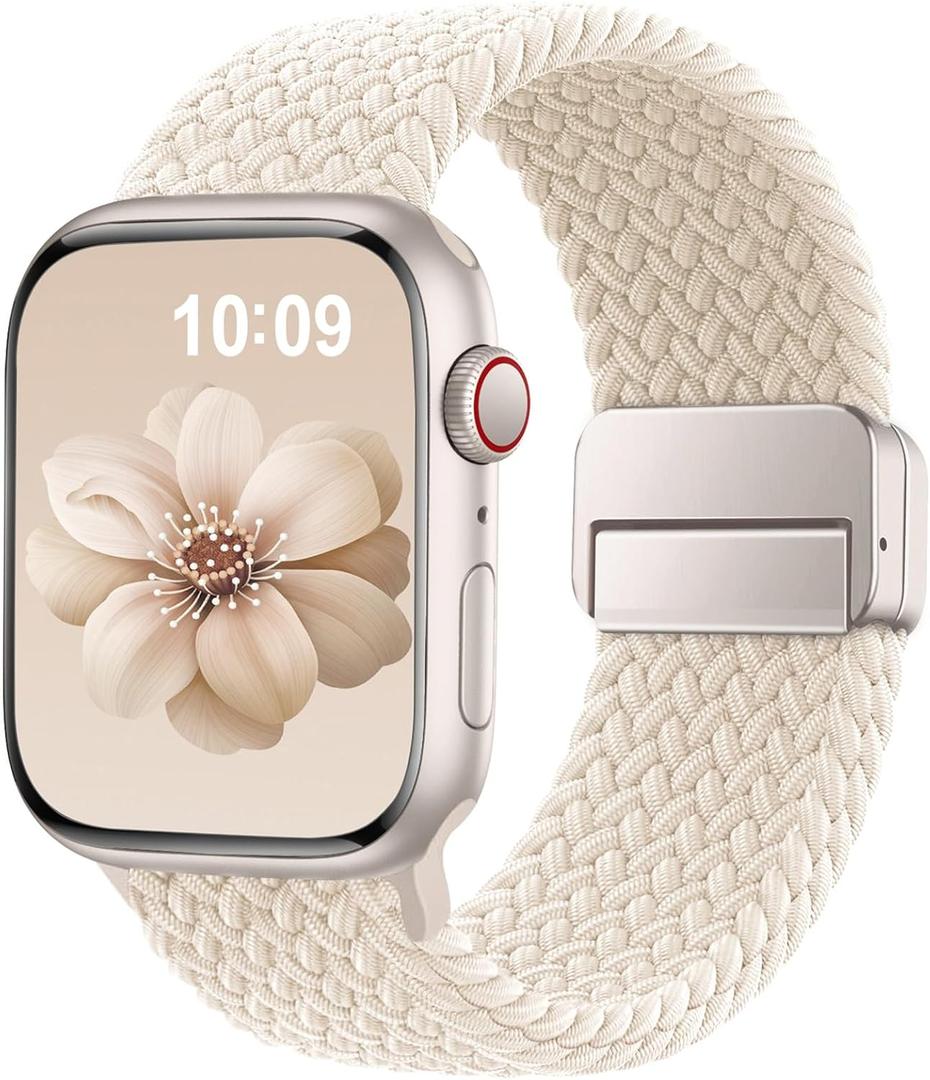 Braided Stretchy Band Compatible with Apple Watch Bands 38mm 40mm 41mm 42mm 46mm 44mm 45mm 49mm for Women Men, Nylon Sport Strap Solo Loop for iWatch bands Series SE 11 10 9 8 7 6 5 4 3 Ultra 3 2 1 (Starlight)