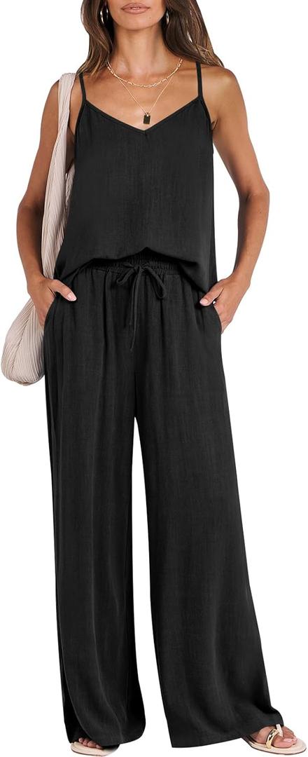 ANRABESS Women's 2 Piece Linen Lounge Set Casual Matching Pants Jumpsuit Summer Beach Travel Vacation Trendy Outfits Black Small