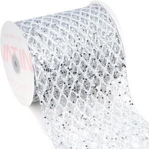 VATIN 6" Silver Christmas Ribbon, Silver Glitter Mesh Diamond Web Sequin Dots Wired Christmas Ribbon for Gift Wrapping Bow Making Wreath Supply-10 Yards