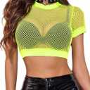 Avidlove Fishnet Crop Top for Women Short Sleeve See Through Shirt O Neck Pullover Blouse Light Green XL