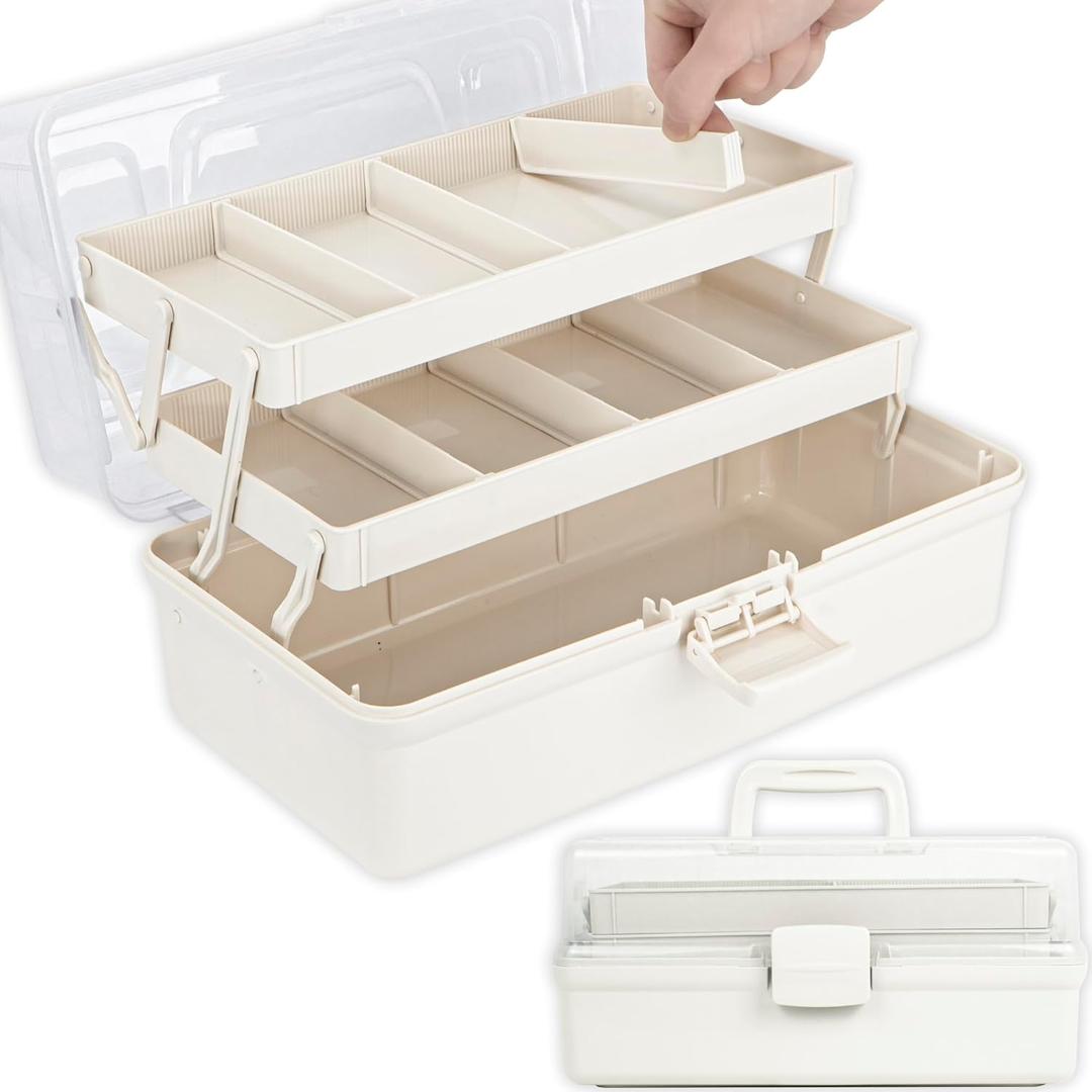 TERGOO 14 in 3-Layer Multipurpose Craft Organizers and Storage with Adjustable Dividers, Portable Tackle Box, Folding Art & Craft Case for Medicine, Tool, Sewing Organizer (White, X-Large)
