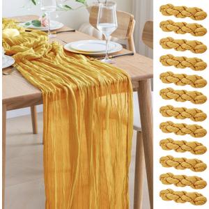 Asee'm 12pcs Cheesecloth Table Runner 120 Inches Long Gold Boho Gauze Cheese Cloth Runner 10FT Rustic Sheer Table Runners for Christmas Wedding Party Baby Shower Spring Easter Decoration