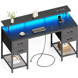 Huuger 55 inch Computer Desk with 4 Drawers, Gaming Desk with LED Lights & Power Outlets, Home Office Desk with Large Storage Space for Bedroom, Work from Home, Black