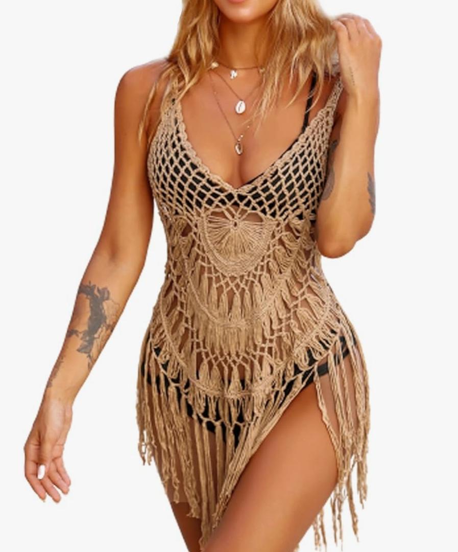 Ekouaer Beach Swimsuit Cover Up Women Crochet Bikini Coverups Summer Pool Swimwear Tassel Dress L