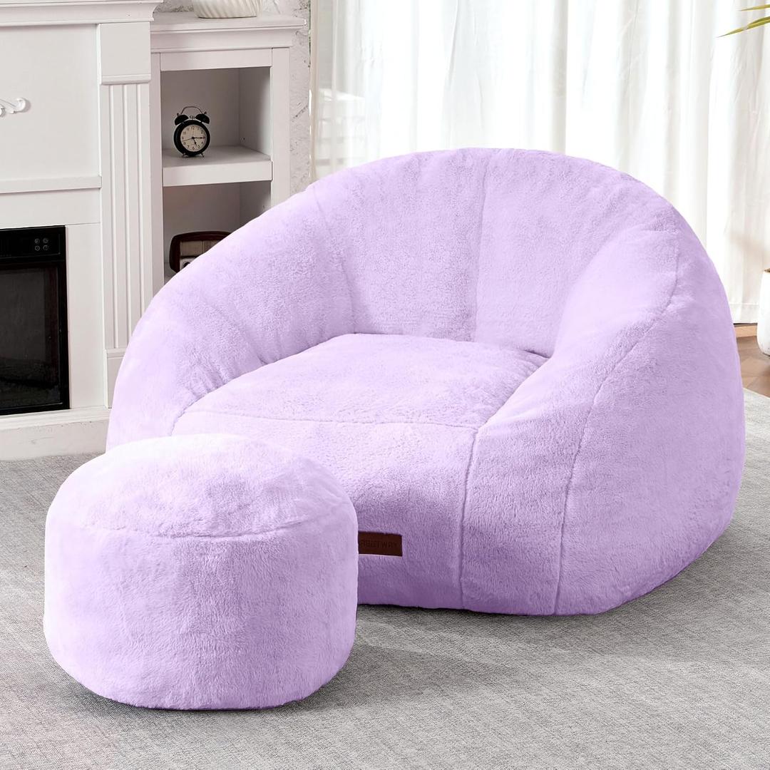 HABUTWAY Bean Bag Chair, Giant Bean Bag Chairs for Adults with Ottoman, Comfy Faux Fur Shell-Shaped Bean Bag Couch, Sofa Chair for Living Room, Bedroom, Purple, 49" x 43.5" x 33"