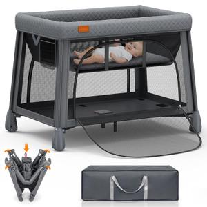 UMIKU Travel Pack and Play Baby Travel Crib Portable with Bassinet Grey