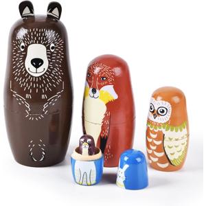Nesting Dolls, 5Pcs 6" Tall Russian Nesting Dolls, Handmade Matryoshka for Kids, Wooden Stacking Toys for Christmas Home Wedding Party Decorations (Brown Bear)