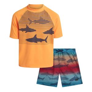 Big Chill Boys Swim Set - 2 Piece Quick Dry UPF50+ Protection Rash Guard Swim Shirt Short Sleeve and Swimming Trunks for Boys, Size 7, Orange Gradient Shark