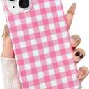 for iPhone 14 Case, Cute Gingham Pattern Aesthetic Phone Case, Stylish Shockproof Soft TPU Phone Cover for Women Girls, Pink