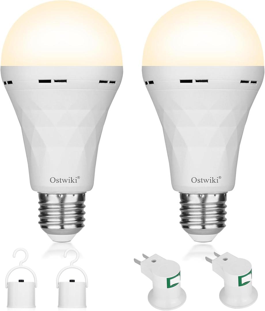2 Pack Rechargeable Emergency Light Bulbs,Battery Operated Light Bulb for Power Outage Hurricane Camping 9W E27 3000K Warm 1200mAh Battery Backup Soft Light Bulbs for Lamps,Battery Led Bulb