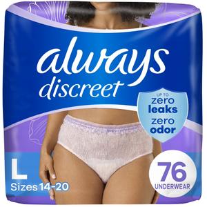 Always Discreet Adult Incontinence Underwear for Women and Postpartum Underwear, L, Up to 100% Bladder Leak Protection, 76 Count