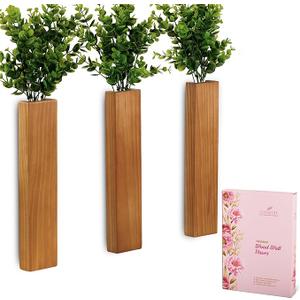 3-Pack Wood Wall Planters with 6 Removable Faux Eucalyptus Stems - Modern Farmhouse Wall Decor for Living Room, Bedroom, Bathroom - Wooden Wall Vases and Fake Eucalyptus for Home Office Decor