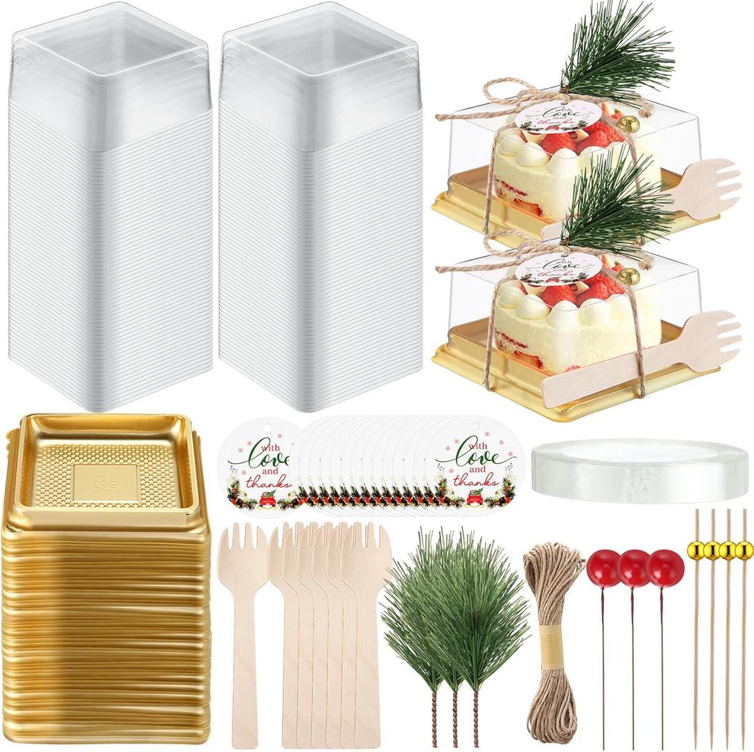 Maxdot 300 Pcs/50 Set Small Bakery Boxes with Clear Lids, Disposable Mini Dessert Box with Forks, Cocktail Picks, Tags, Square Cupcake Containers for Macaron, Muffins, Wedding Birthday Party Favors