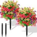 Hotop 2 Pack 22" Artificial Boxwood Ball Topiary Flower Trees with Ground Spike, UV Resistant Weatherproof Faux Floral Shrubs for Outdoor Garden Patio Porch Indoor Home Decor(4 Colors)
