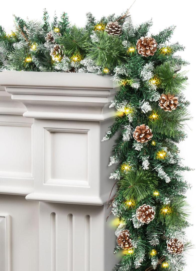 9 ft Prelit Christmas Garlands with 100 Lights Battery Operated Timer 8 Modes, Faux Snow-Kissed Pine Garland Christmas Decorations for Mantle, Stairs, Fireplace, with Pine Cones Dried Branches