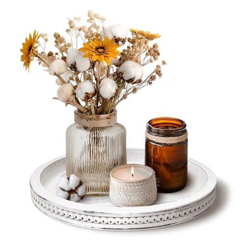 Decorative Serving Tray Wood-Wooden Tray for Decor, White Farmhouse Bead Round Trays for Coffee Table Decor, Rustic Centerpiece for Living Room Kitchen Counter, Entryway