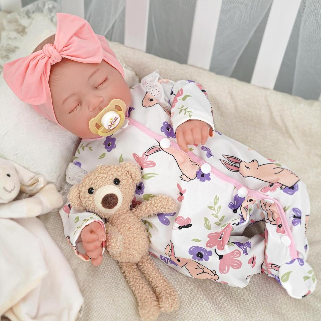 BABESIDE 18-Inch Reborn Baby Doll Girl  Realistic Lifelike Bebe Reborn de Silicona with Bunny Outfit, Magnetic Pacifier, Bottle, Diaper & Birth Certificate, Real Life Baby Dolls Gift for Kids (Pink White)