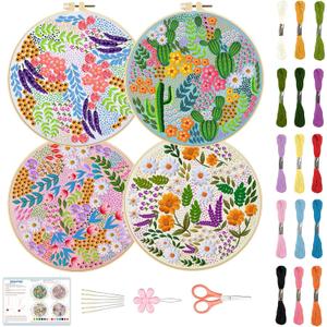 BEUNITONE 4 Set Leaves and Flowers Embroidery Kit for Adults Beginners DIY Starter Set with Stamped Flower Designs Needlework Fabric Embroidery with Instruction Cross Stitch Kits for Home Decor 8''