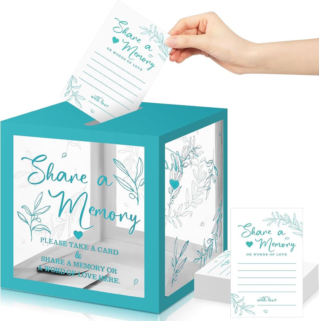 Pajean 50 Pcs Greenery Share a Memory Card for Celebration of Life Memory Cards Box with Transparent Windows Memory Box for Funeral Wedding Birthday Graduation Bridal Shower Guest Card Ideas (Blue)