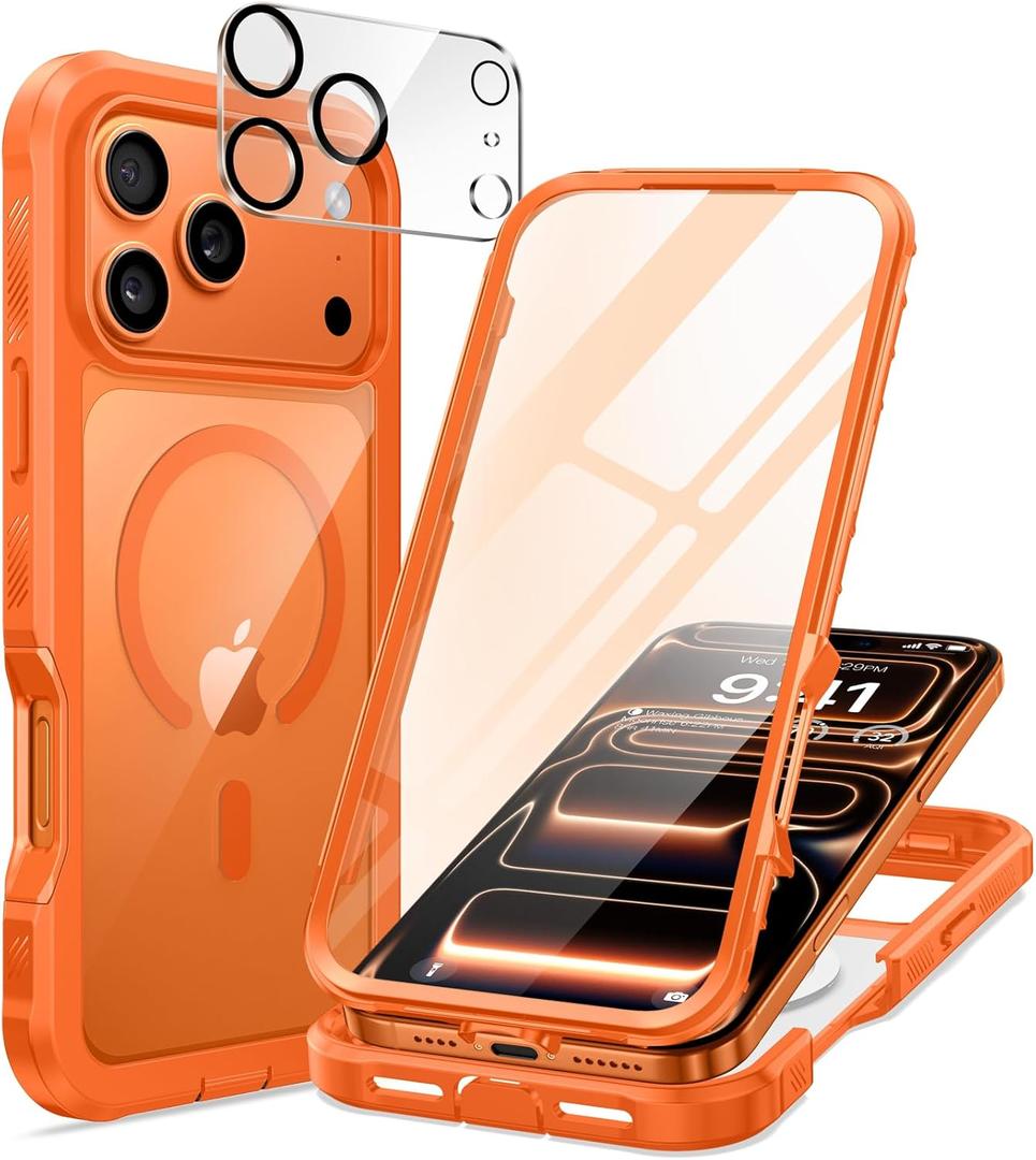 Seacosmo for iPhone 17 Pro Case, Full Body Bumper with Built-in Tempered Glass Screen and Camera Lens Protector, Compatible with MagSafe, Shockproof 17 Pro Phone Case, 6.3", Orange