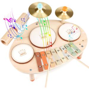 Drum Set for Toddler - Toys for 2 3 4 Year Old Girls Boy Gifts - 9 in 1 Wooden Montessori Musical Instruments with Xylophone for Kids 3-5, Christmas Birthday Gifts for Toddlers 2-4