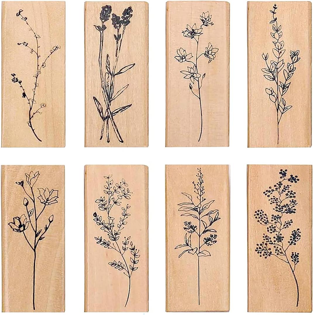 Dizdkizd 8 Pieces Wood Mounted Rubber Stamps, Plant and Flower Decorative Wooden Rubber Stamp Set for DIY Craft, Diary and Craft Scrapbooking