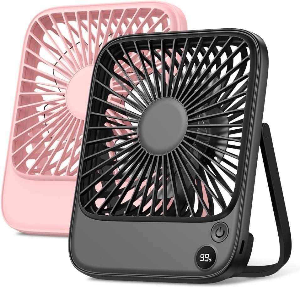 TOPK 2 Pack 5000mAh Portable Desk Fan, Ultra-Thin Rechargeable Battery Operated Fan with Digital Display, Quiet 4-Speed Small Personal Travel Fans for Office, Bedroom, Cruise, Outdoor (Black & Pink)