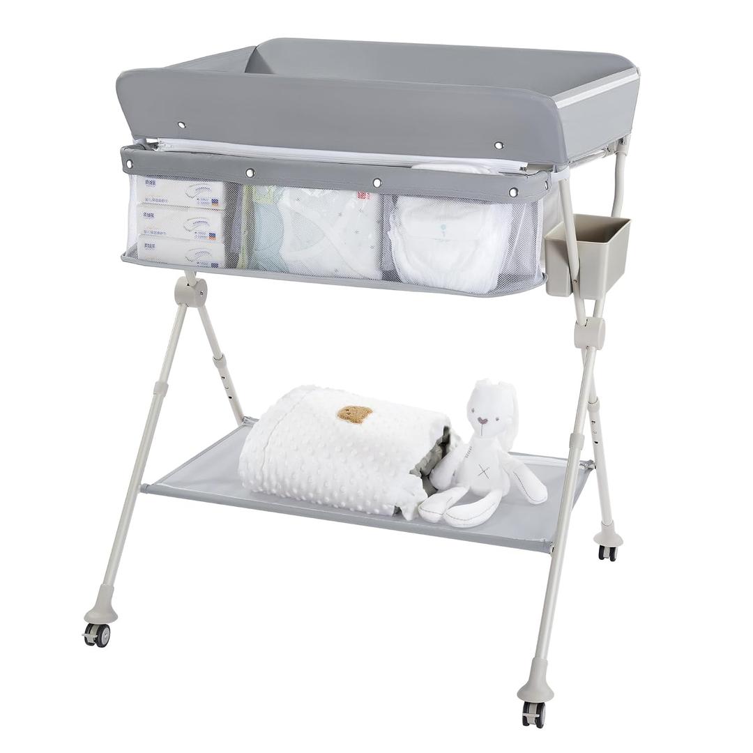 Diaper Changing Table Portable with Wheels Foldable Diaper Station Organizer & Storage Rack Newborn and Baby (Light Grey)